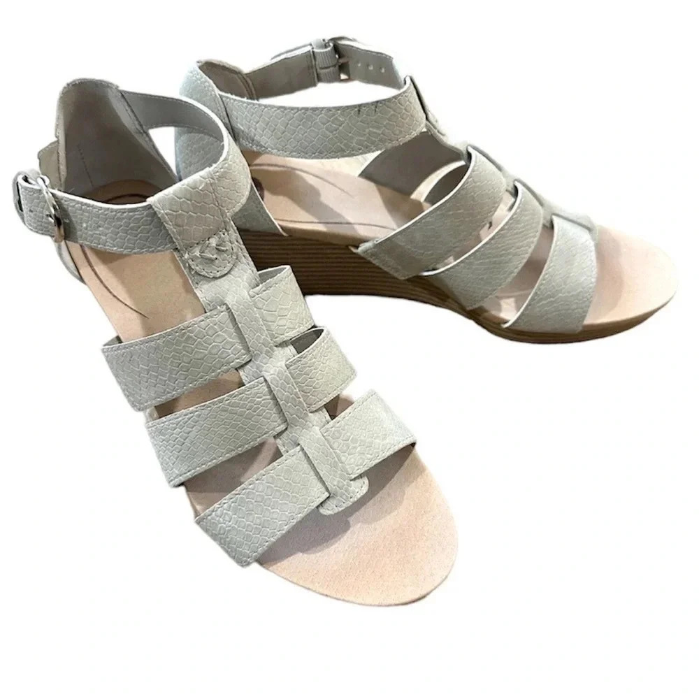 Dr. Scholl's Women's Wedge Sandal Faux Leather Grey Snake Print Size 10M GUC